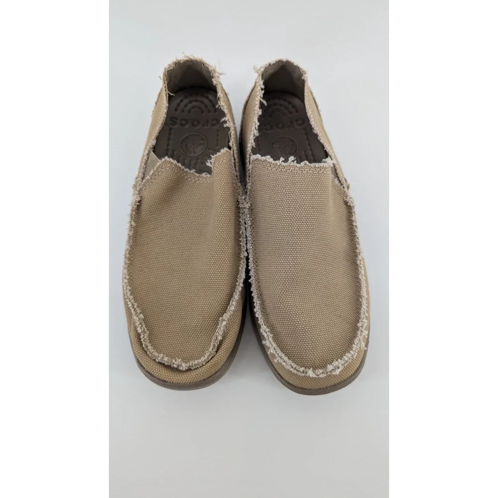 Crocs Santa Cruz Mens Size 8 Khaki Canvas Slip On Loafers Frayed 10128 Tan